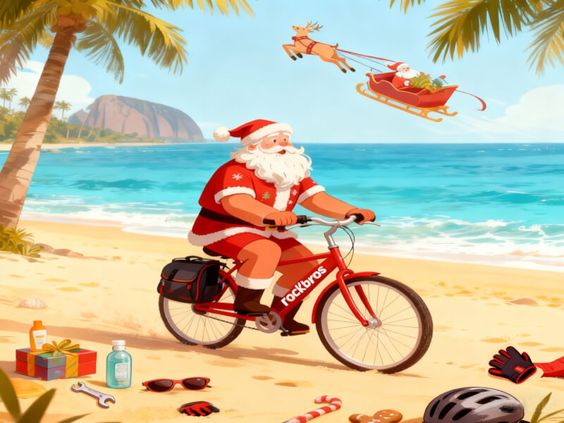 ROCKBROS cycling gear banner featuring an Aussie summer Christmas scene with beaches and riders.