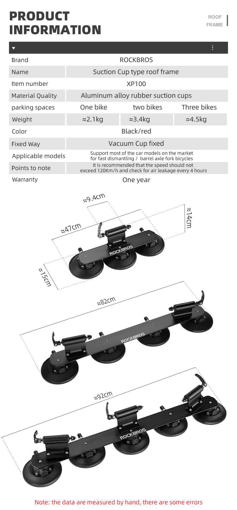 ROCKBROS Suction Cup Car Roof Rack for 3 Bikes