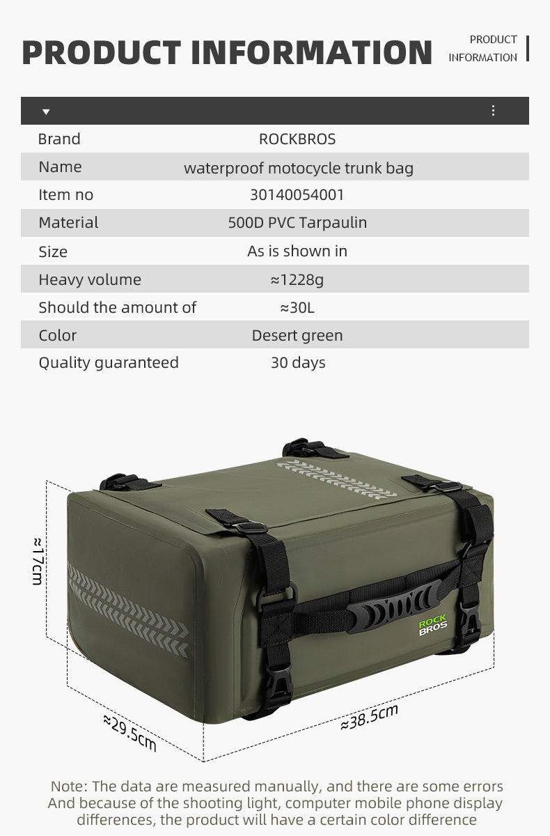 ROCKBROS Motorcycle Seat Bag Luggage Pannier Dry Bag Tail Bag Waterproof 30L Universal MotorBike Bag Army Green