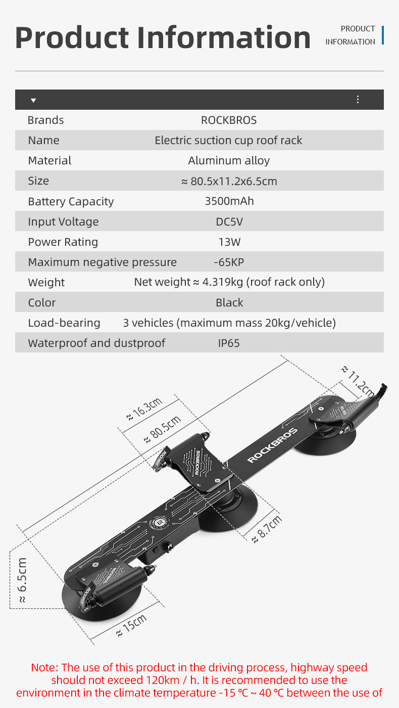 ROCKBROS Electric Suction Cup Roof Rack for 1-3 Bikes
