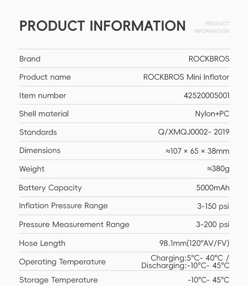 ROCKBROS Electric Bike Tire Pump Portable Motorcycle Bicycle Tyre Air Inflator 150PSI