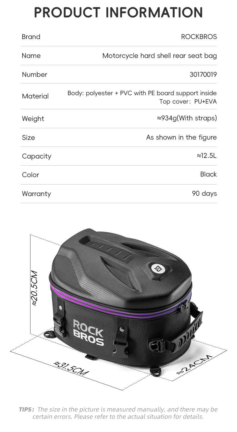ROCKBROS Motorcycle Motorbike Saddle Seat Tail Bag Backpack Hard Shell 12.5L