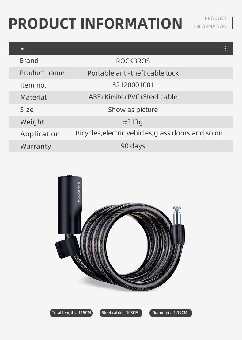 ROCKBROS Bicycle Stell Cable Lock Security Anti-theft Portable Key Lock for MTB Road Bike Motorcycle Lock