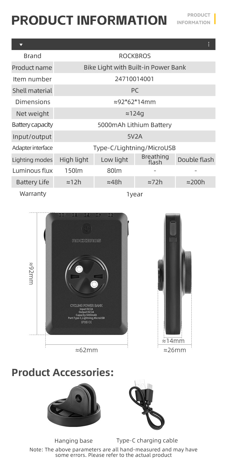 ROCKBROS Bicycle Headlight Built-in Power Bank Cycling Bike Front Light 5000/10000mAh