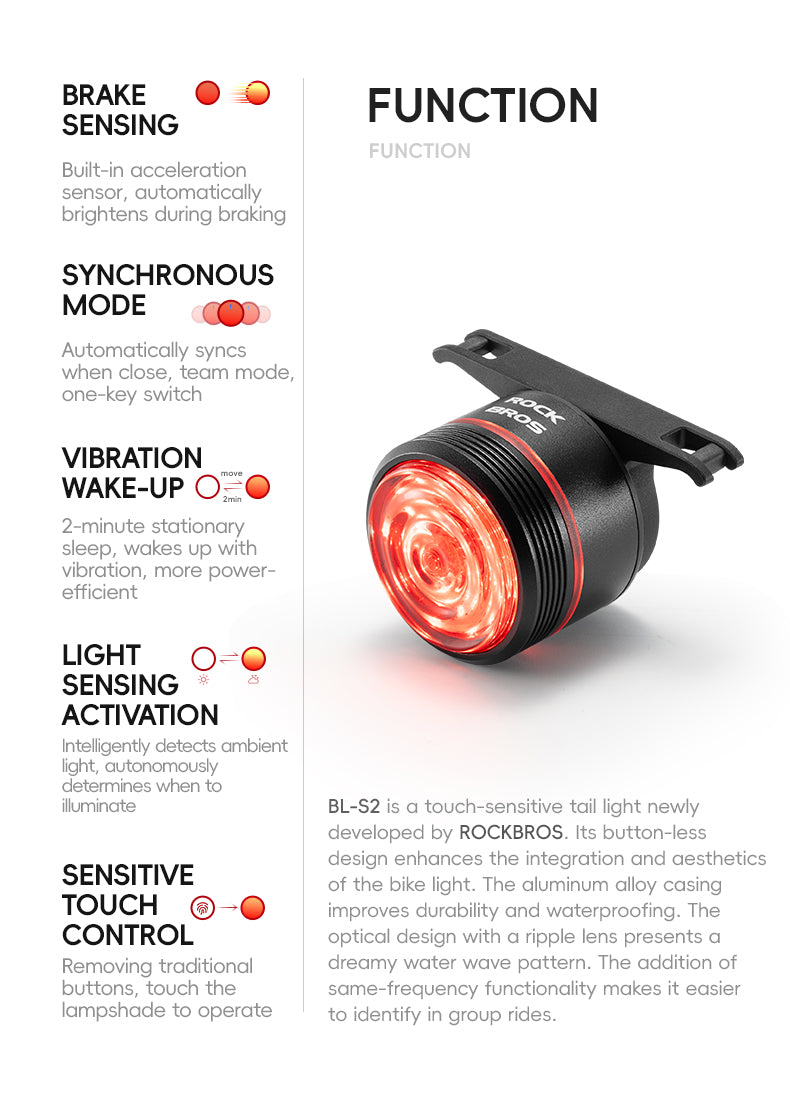 ROCKBROS Touch Switch Bike Rear Light MTB Bicycle Taillight Brake Sensing USB-C