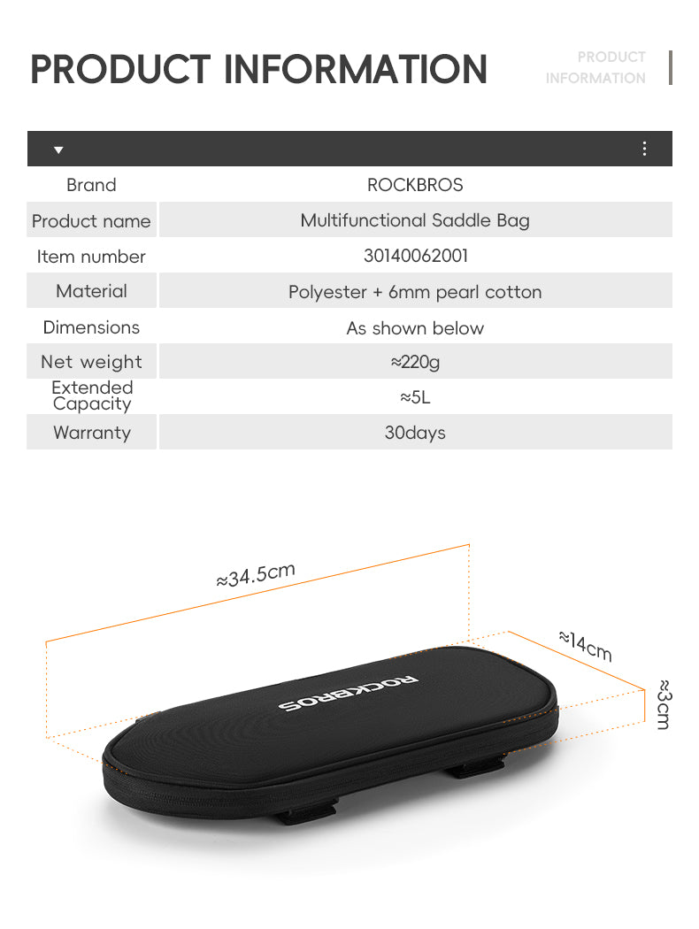 ROCKBROS MTB Mountain Bike Rear Seat Bag 5L Expandable Cycling Bicycle Saddle/Rack Bag