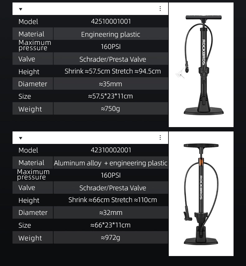 ROCKBROS Bicycle Floor Pump with Gauge 160 PSI High Pressure Tyre Inflator Schrader/Presta Valve For Bike Motorcycle Basketball