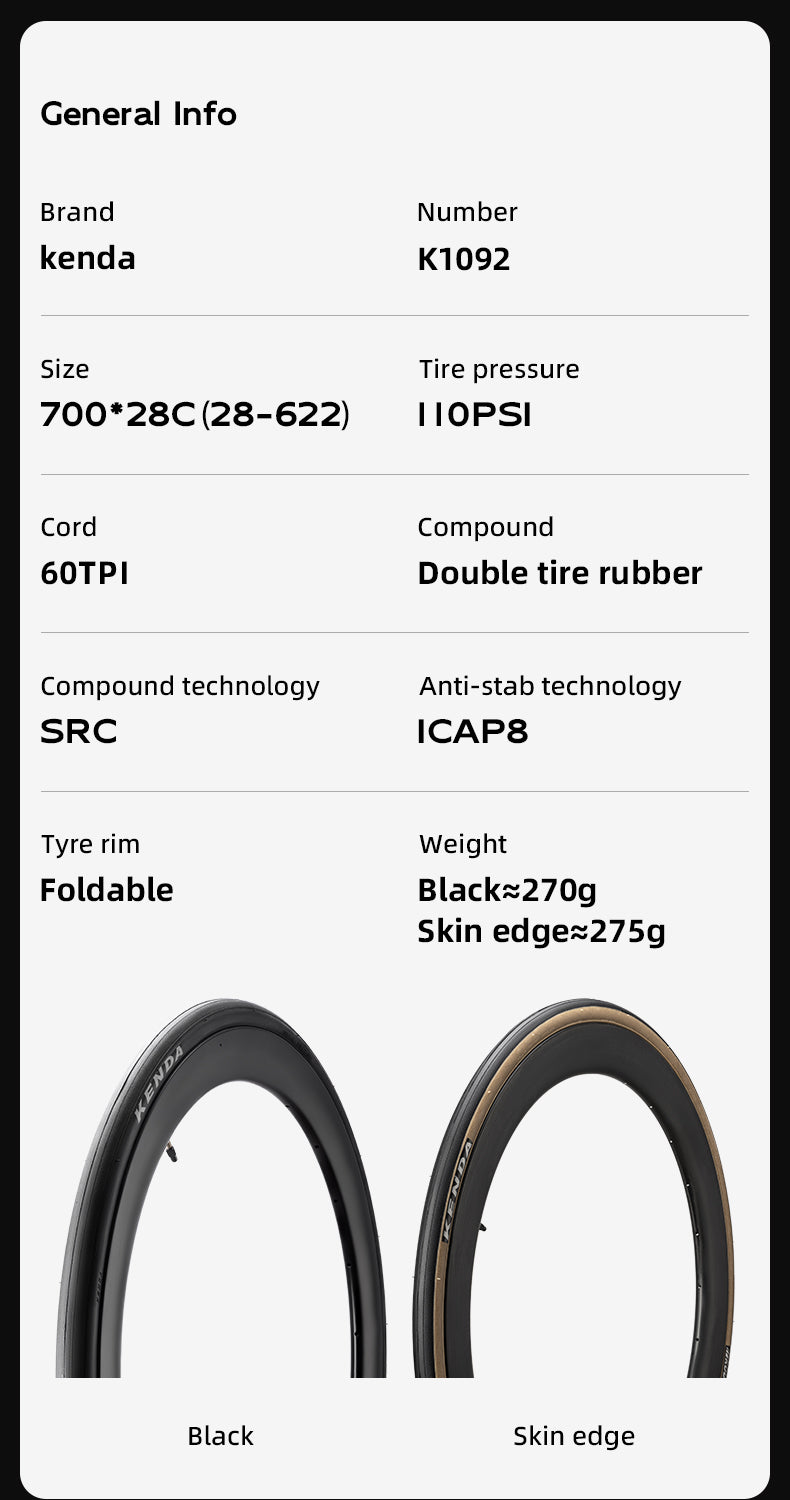 KENDA Road Bike Folding Outer Tyre Anti-Stab 700X28C/25C 60TPI Bicycle Tire