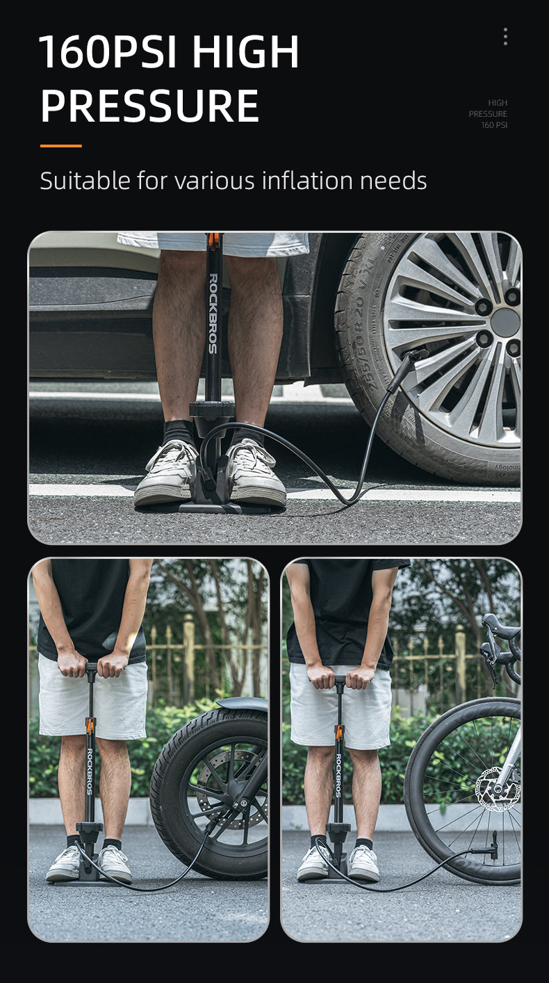 ROCKBROS Bicycle Floor Pump with Gauge 160 PSI High Pressure Tyre Inflator Schrader/Presta Valve For Bike Motorcycle Basketball