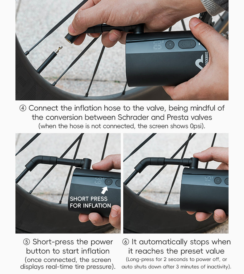 ROCKBROS Electric Bike Tire Pump Portable Motorcycle Bicycle Tyre Air Inflator 150PSI