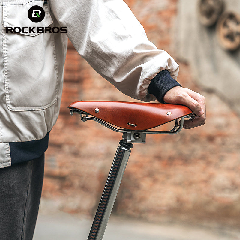 ROCKBROS Vintage Bicycle Saddle Retro Brown Cowhide Handmade Cycling Bike Seat
