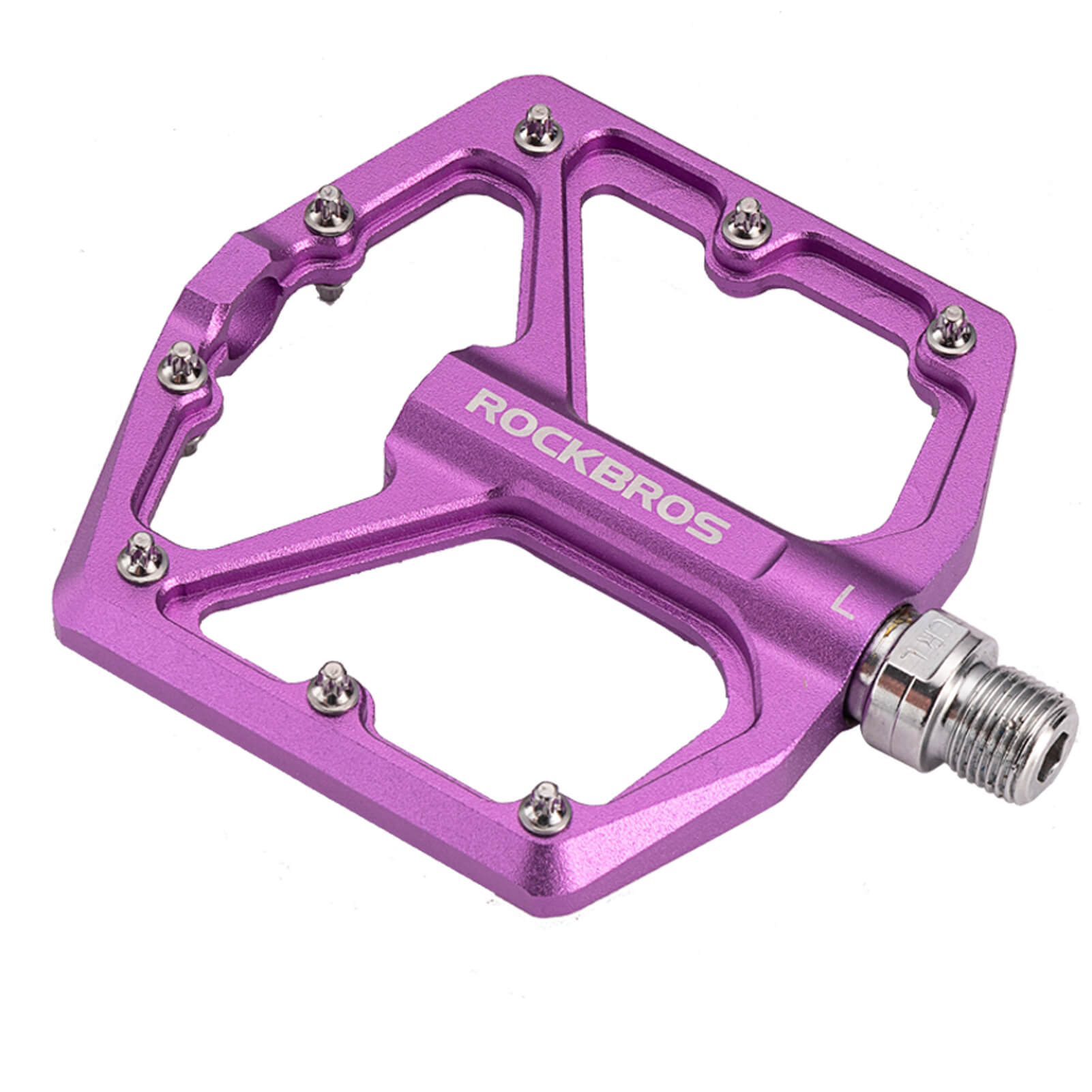 rockbros Ultra Lightweight Flat Bike Pedals mounted on bicycle crank arm.
#color_purple