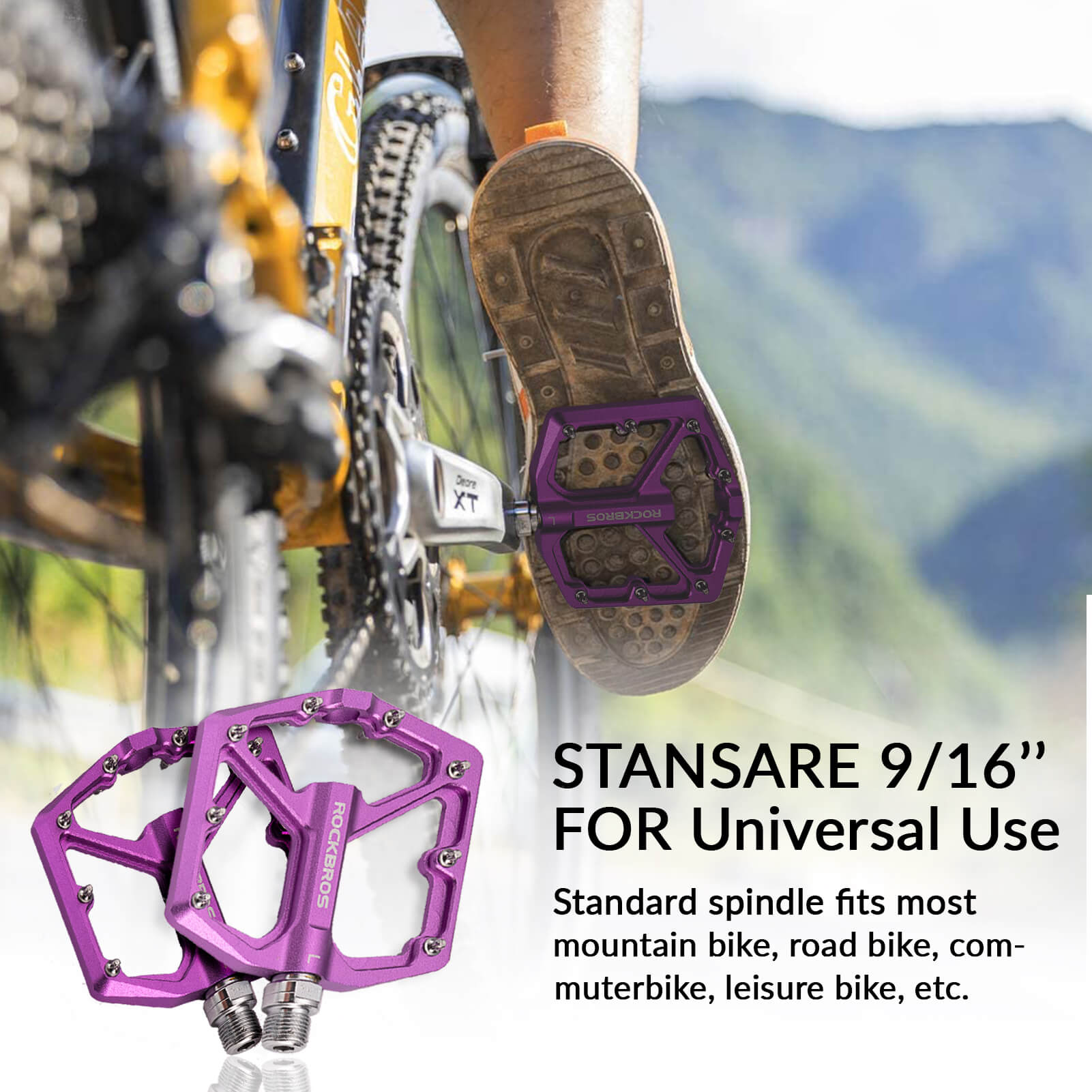rockbros Ultra Lightweight Flat Bike Pedals mounted on bicycle crank arm.
#color_purple