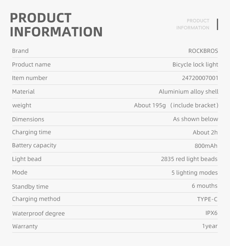 ROCKBROS Smart Bluetooth Bike Lock Light Brake Sensing Saddle Taillight USB-C IPX6 Waterproof