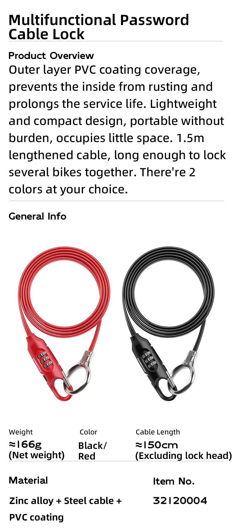 ROCKBROS Bicycle Bike Lock 3 Digit Code Combination Steel Cable Lock Anti-Theft Security
