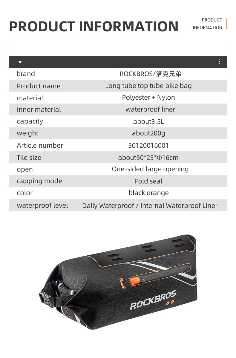 ROCKBROS Bicycle Frame Bag 3.5L Cycling Pack Seat Top Tube Bike Wedge Panniers