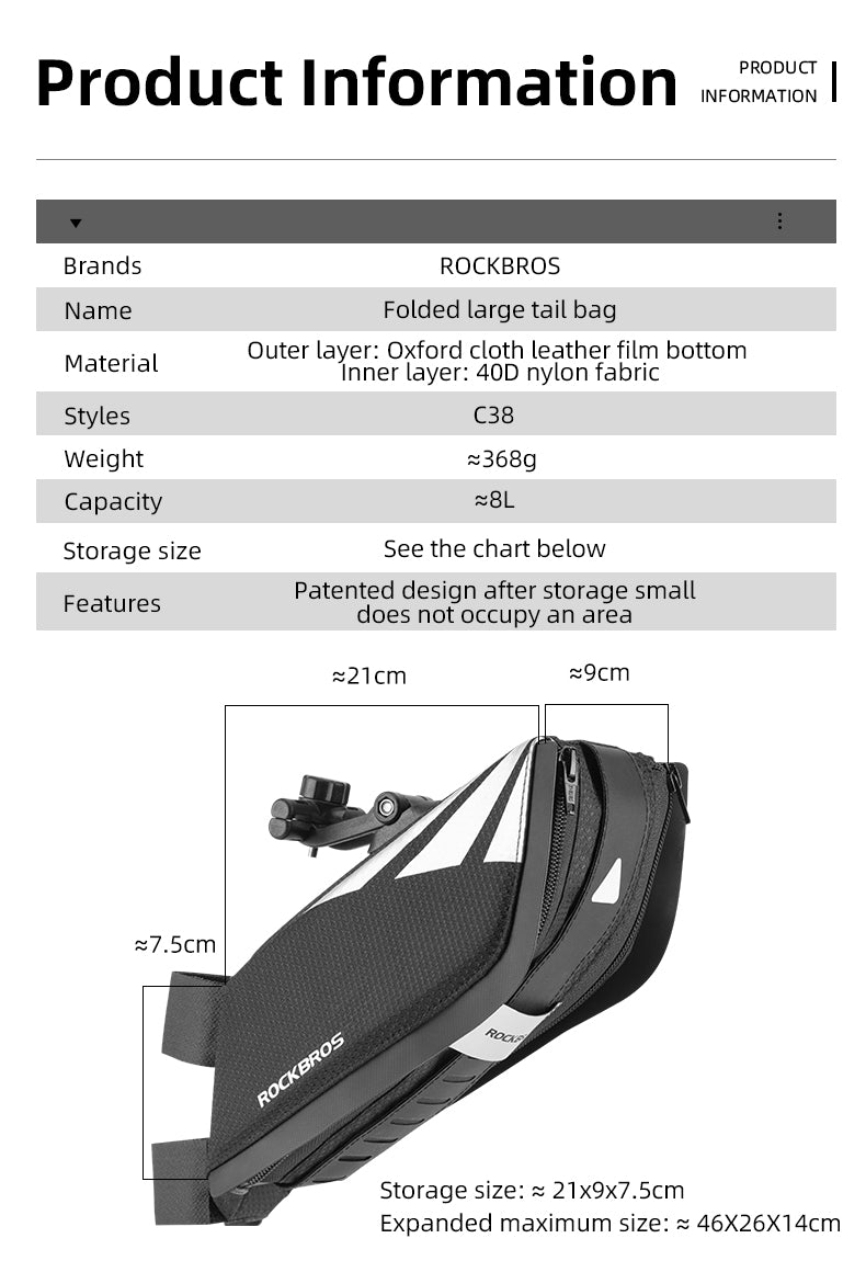 ROCKBROS Bike Saddle Bag Foldable 8L Waterproof Bicycle Seat Bag Tail Bag