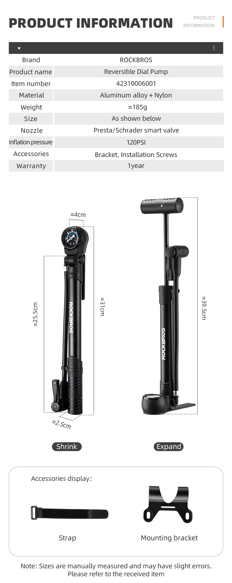 ROCKBROS Bicycle Bike Foot Pump With Gauge 120PSI Presta/Schrader Valve