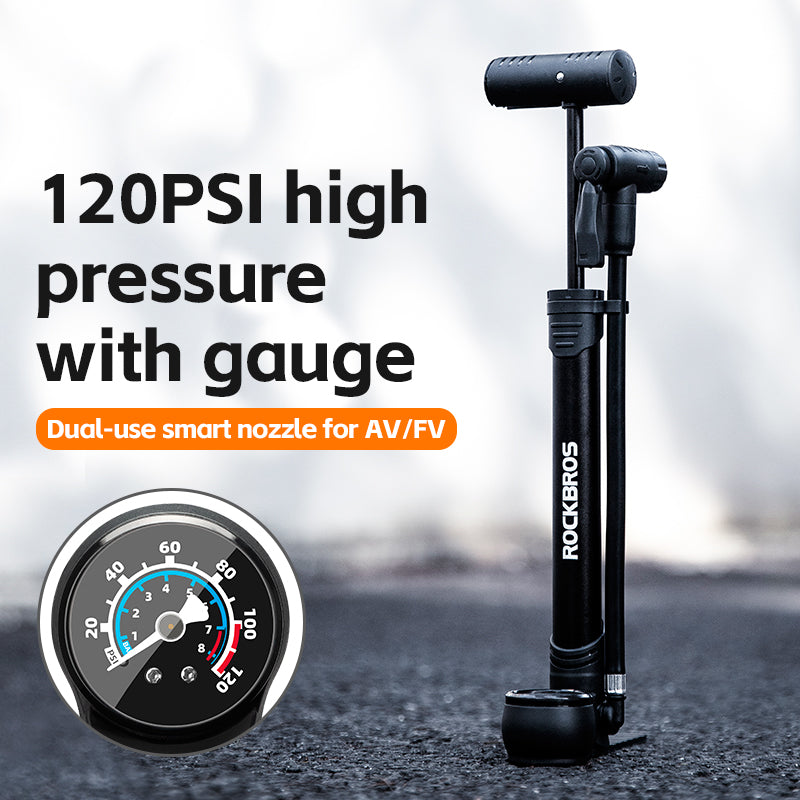 ROCKBROS Bicycle Bike Foot Pump With Gauge 120PSI Presta/Schrader Valve