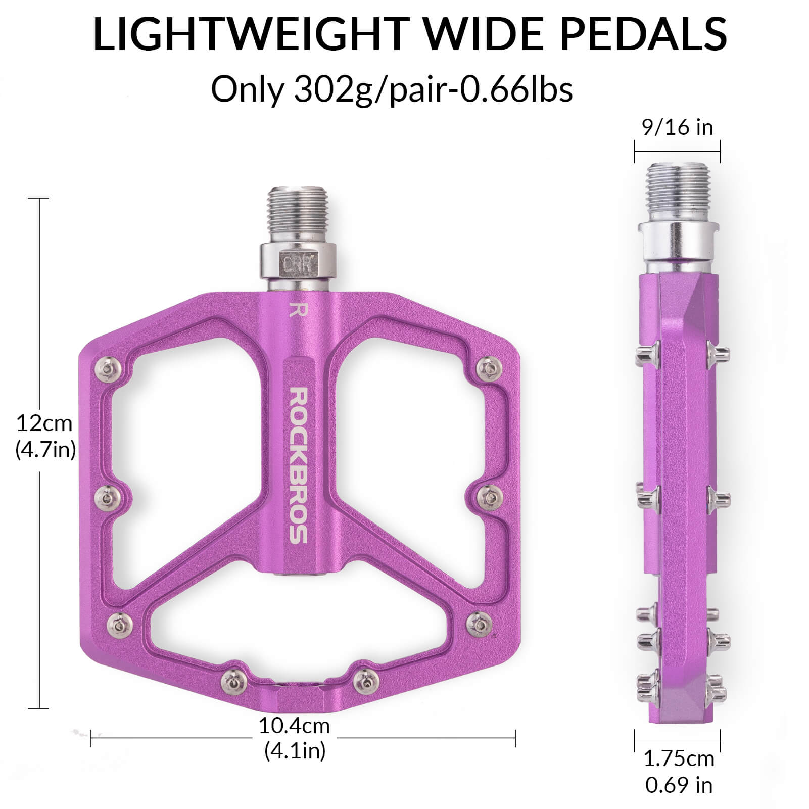 rockbros Ultra Lightweight Flat Bike Pedals mounted on bicycle crank arm.
#color_purple