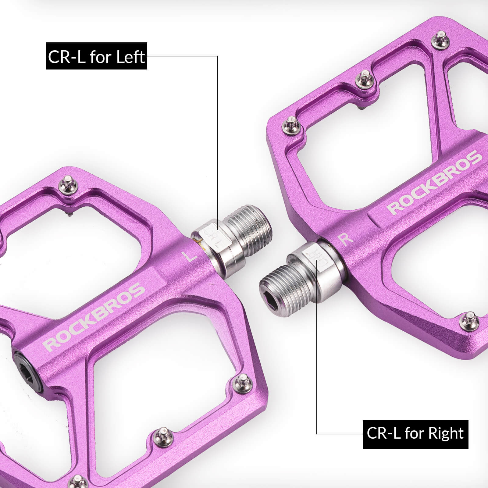 rockbros Ultra Lightweight Flat Bike Pedals mounted on bicycle crank arm.
#color_purple