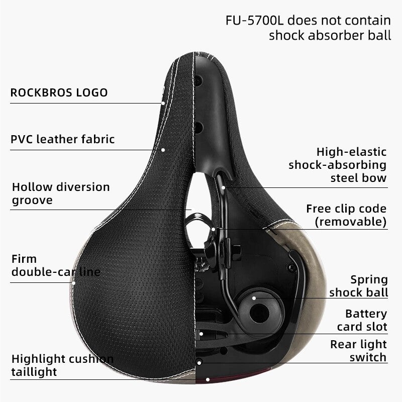 ROCKBROS Bicycle Bike Saddle Seat with Taillight Breathable Shockproof Soft Cushion