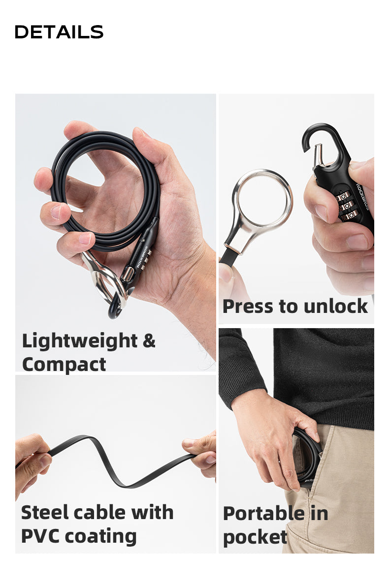 ROCKBROS Bicycle Bike Lock 3 Digit Code Combination Steel Cable Lock Anti-Theft Security