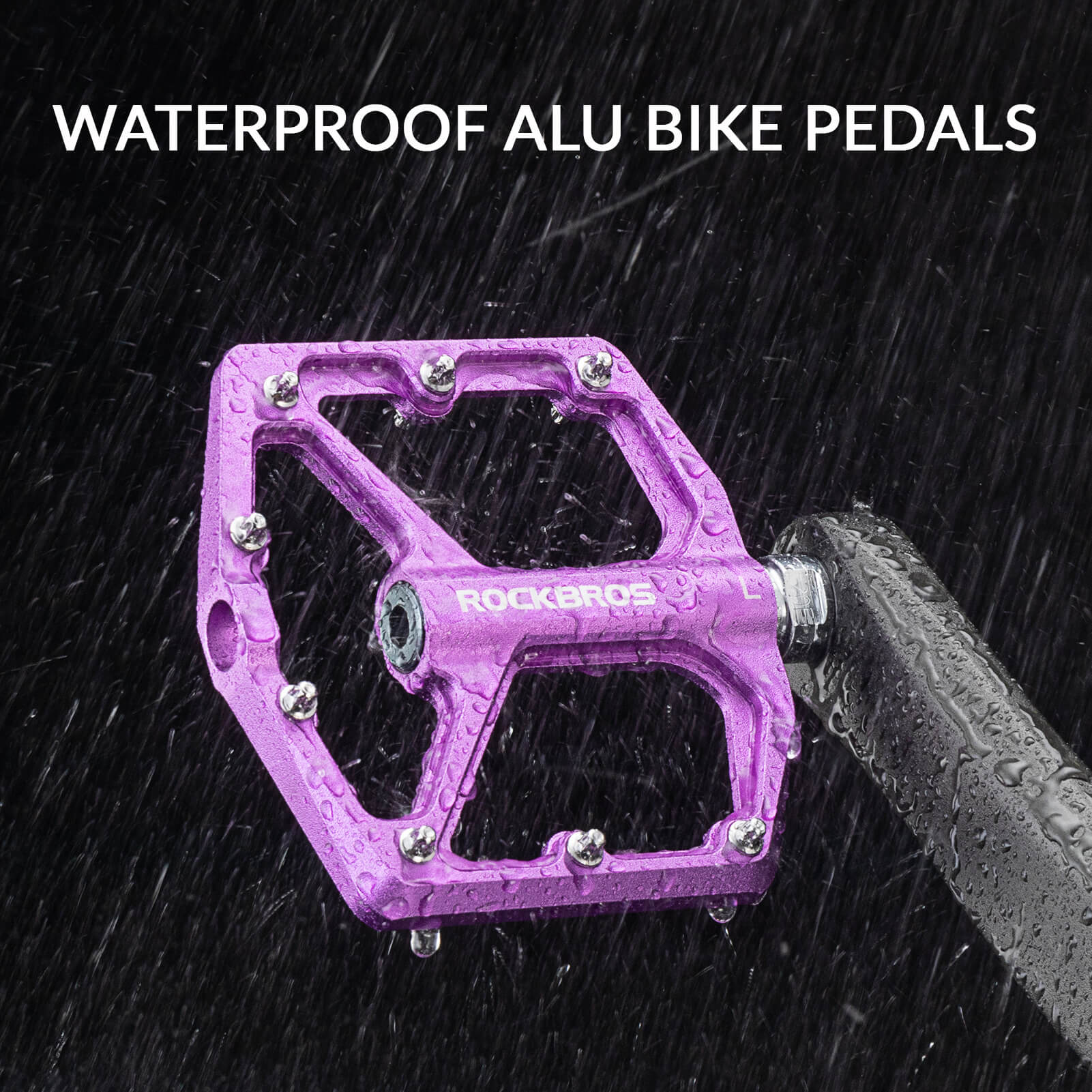 rockbros Ultra Lightweight Flat Bike Pedals mounted on bicycle crank arm.
#color_purple