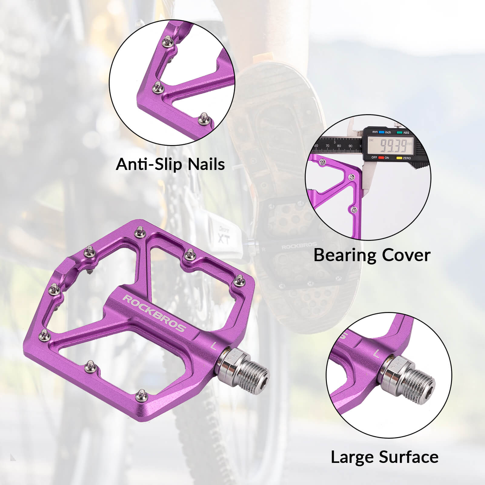 rockbros Ultra Lightweight Flat Bike Pedals mounted on bicycle crank arm.
#color_purple