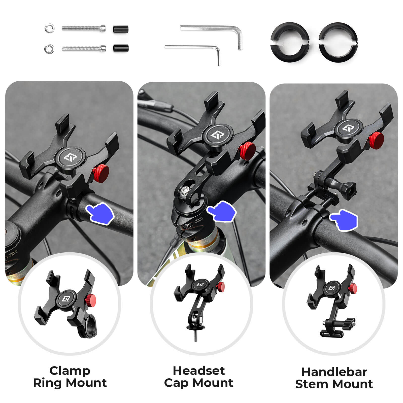 Durable ROCKBROS metal bicycle phone mount for bumpy roads.
#Mounting Style_Handlebar Clamp Mount