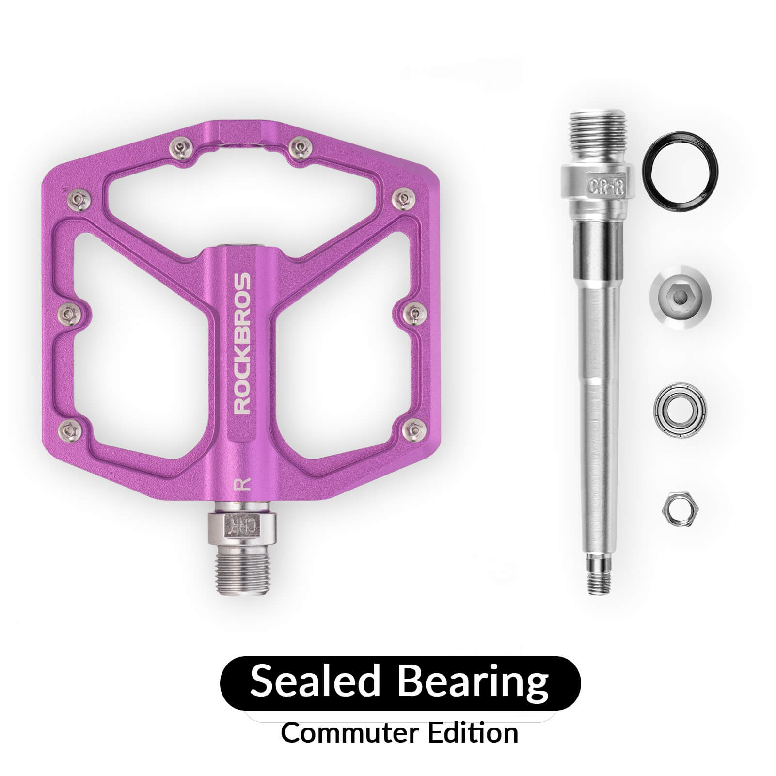 rockbros Ultra Lightweight Flat Bike Pedals mounted on bicycle crank arm.
#color_purple