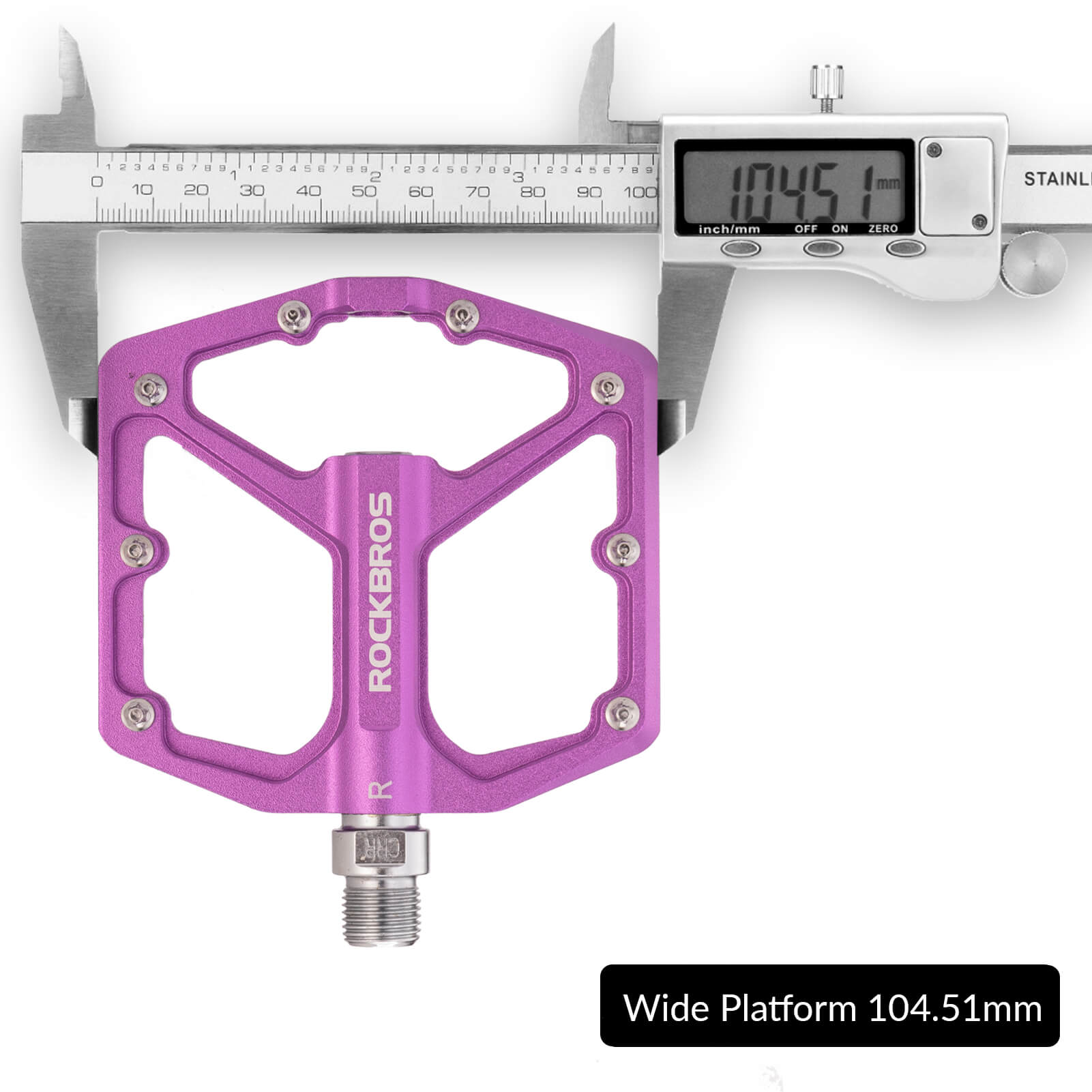 rockbros Ultra Lightweight Flat Bike Pedals mounted on bicycle crank arm.
#color_purple