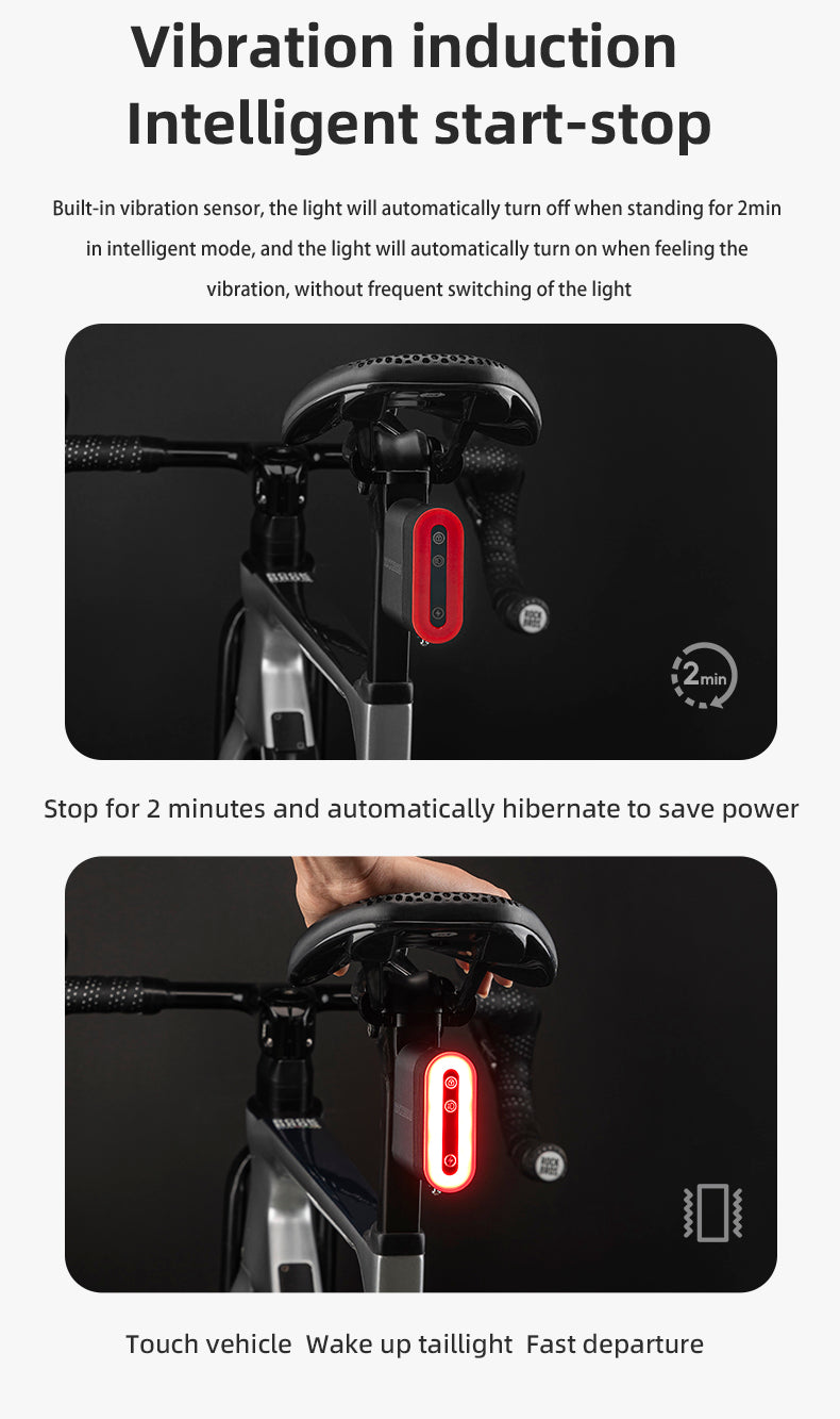 ROCKBROS Smart Bluetooth Bike Lock Light Brake Sensing Saddle Taillight USB-C IPX6 Waterproof