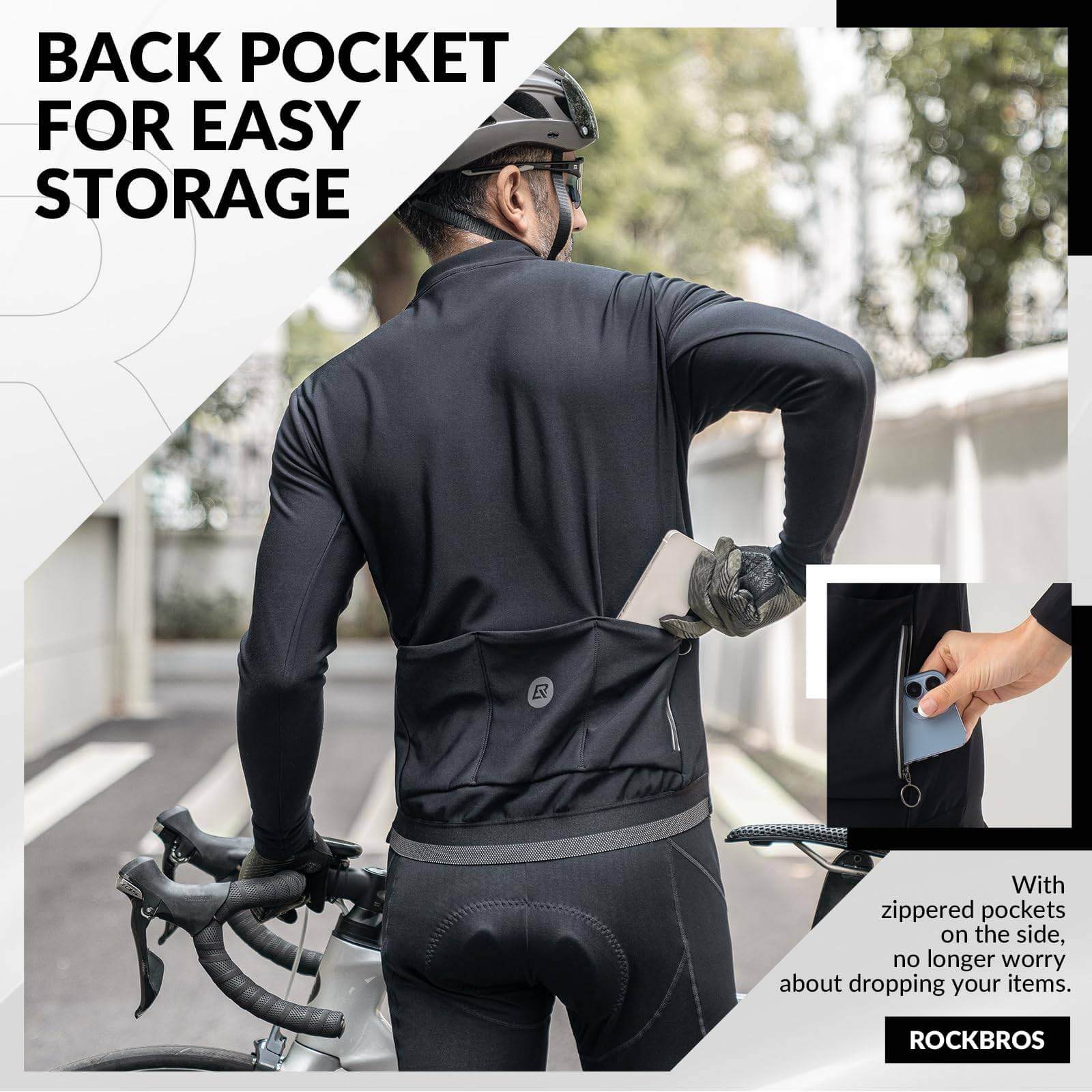 ROCKBROS Long Sleeve Cycling Jersey for Autumn/Winter with Full Zipper and Rear Pockets