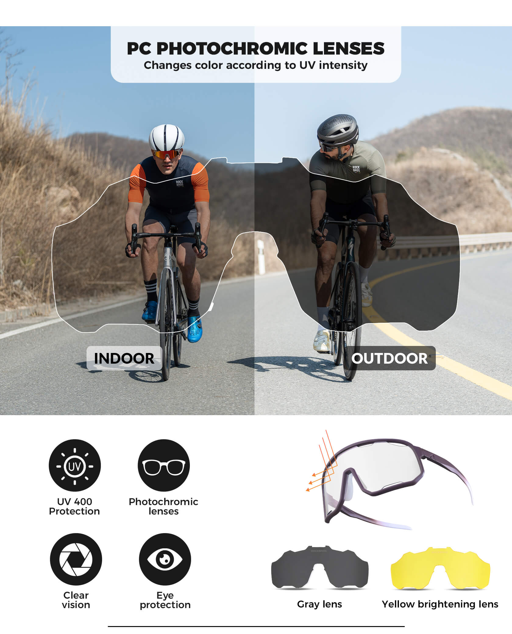 ROCKBROS photochromic sunglasses, UV400 protection, transparent cycling glasses, windproof, TR90 frame, ideal for outdoor sports
#Color_Mauve