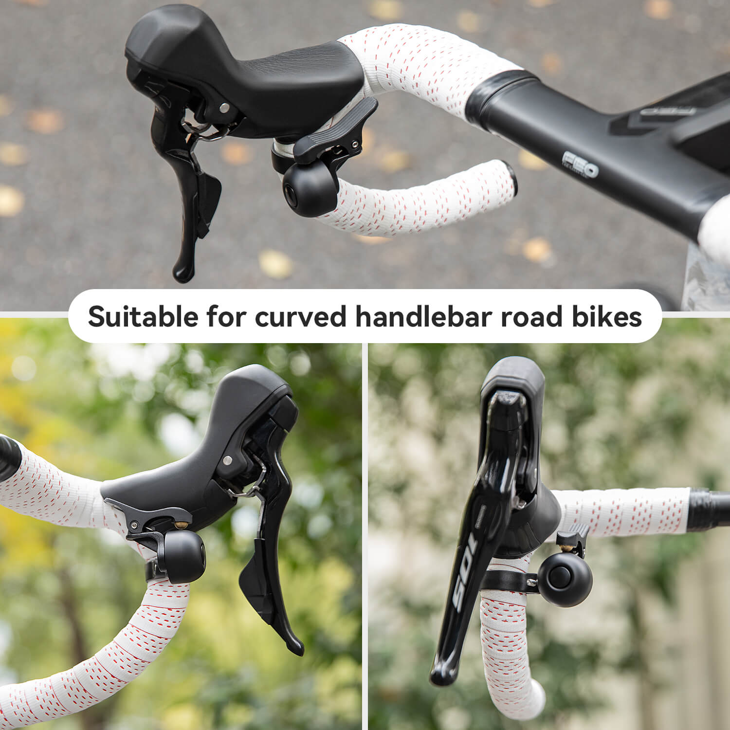 ROCKBROS Road Bike Bell designed for 27-30mm drop bars, featuring a crisp sound, durable construction, and easy installation for enhanced safety during rides.