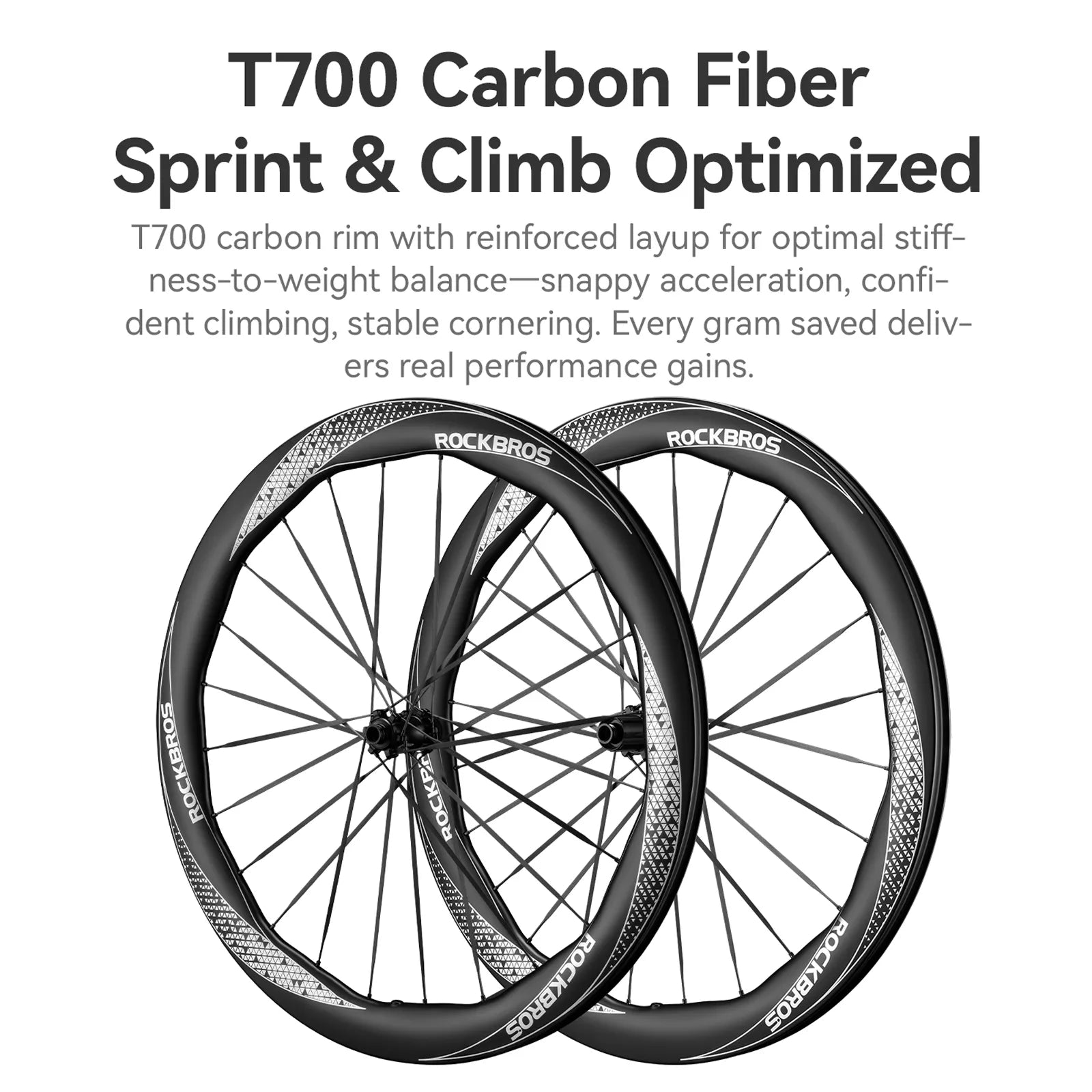 ROCKBROS 700C Full Carbon Wave Road Wheelset with 36T Ratchet Hub and Thru Axle