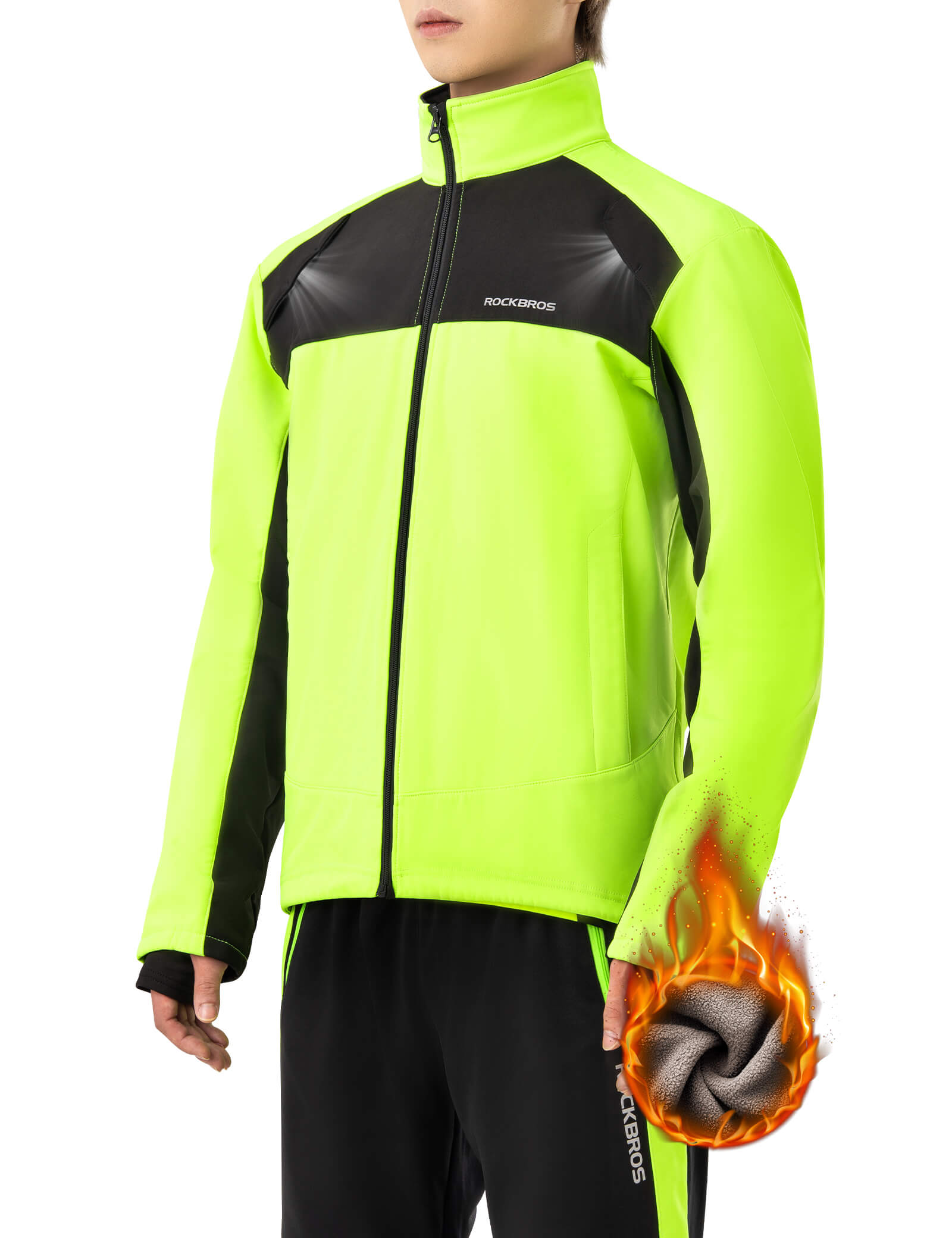 ROCKBROS Winter Thermal Cycling Jacket and Pants, featuring high visibility and windproof soft shell design, ideal for outdoor activities like cycling, running, and hiking.