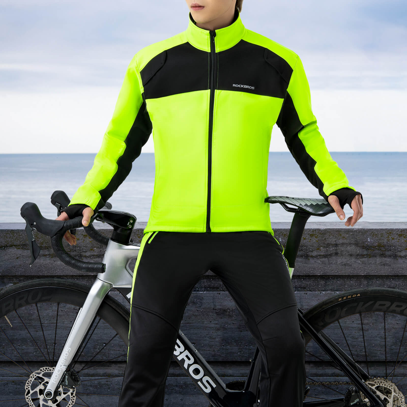 ROCKBROS Winter Thermal Cycling Jacket and Pants, featuring high visibility and windproof soft shell design, ideal for outdoor activities like cycling, running, and hiking.