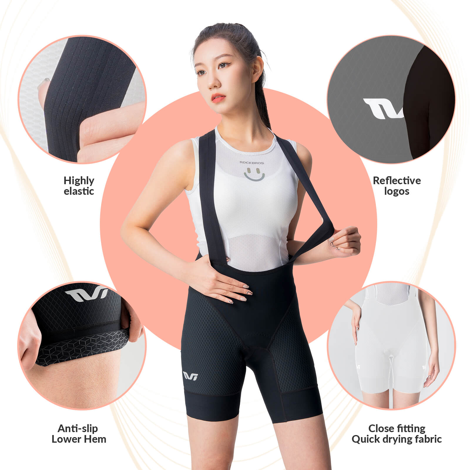 ROCKBROS Women’s Cycling Bib Shorts, breathable padded bike shorts designed for summer cycling, featuring a flexible fit and ergonomic design.