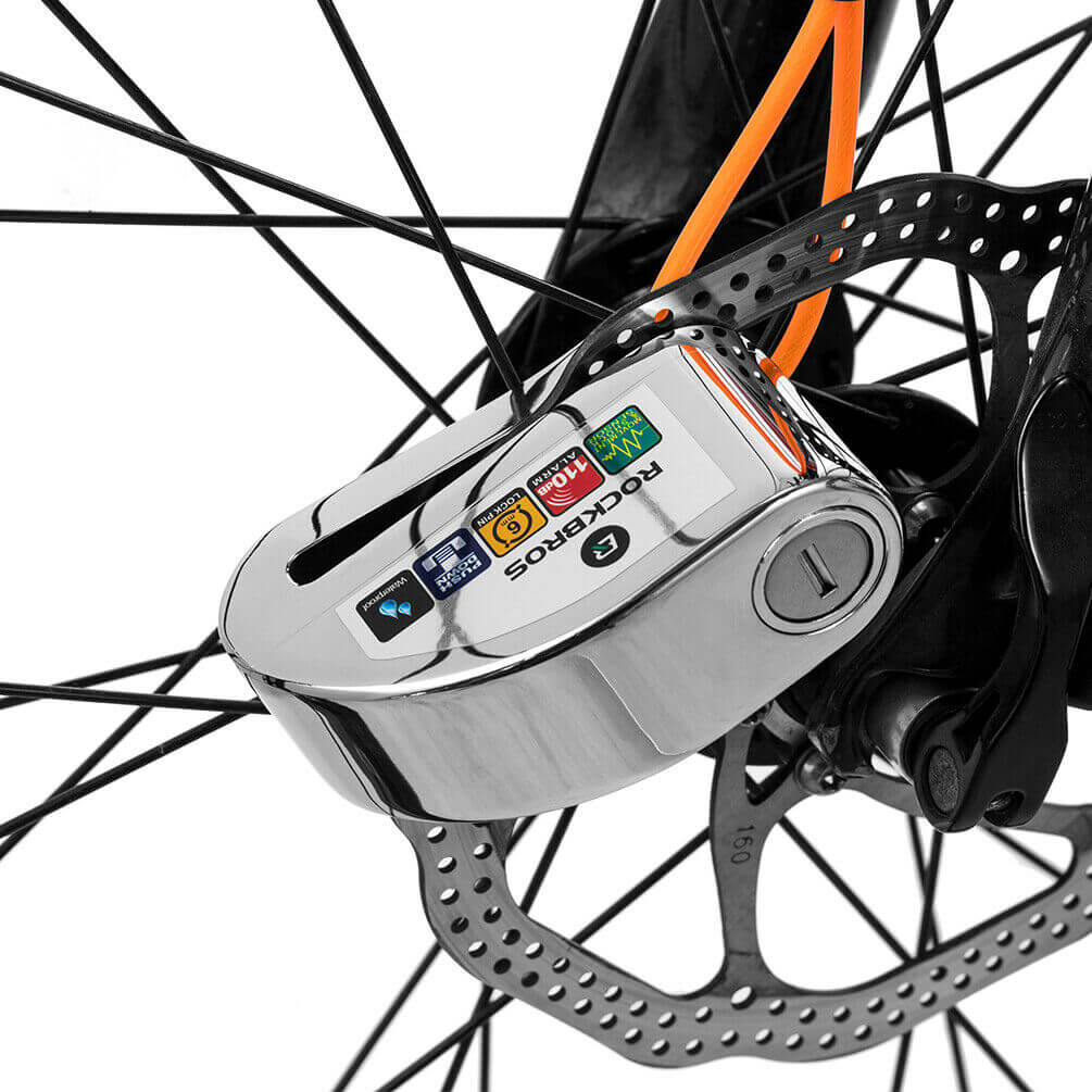 rockbros 110dB disc brake lock with alarm and reminder cable for motorcycle and bike security.