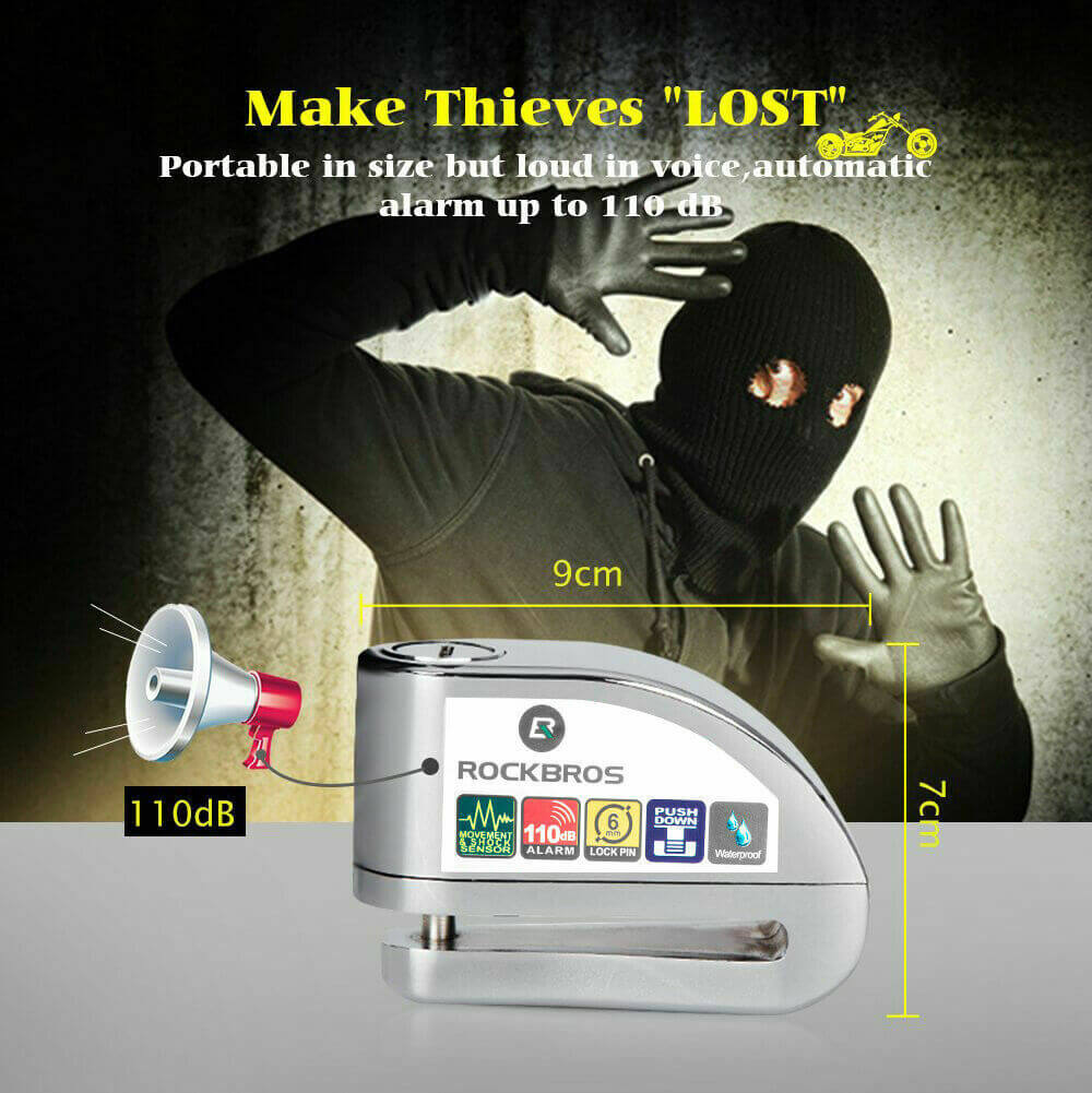 rockbros 110dB disc brake lock with alarm and reminder cable for motorcycle and bike security.