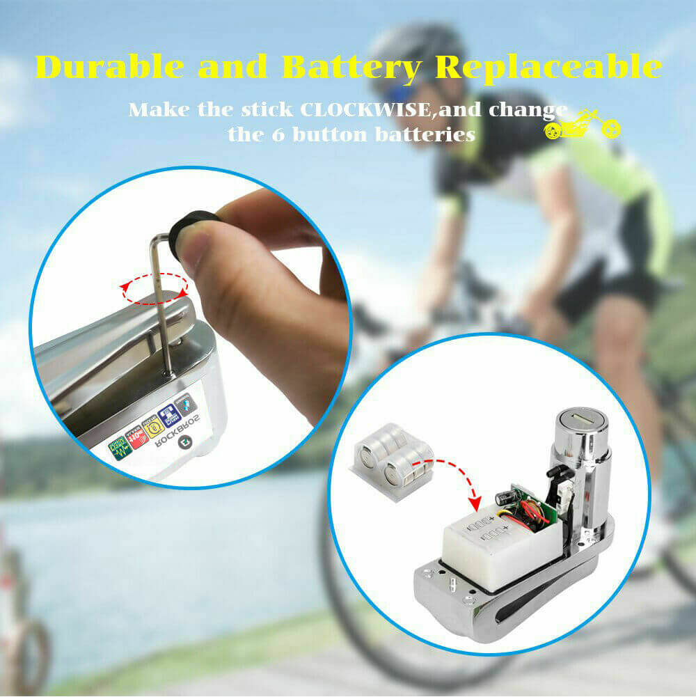 rockbros 110dB disc brake lock with alarm and reminder cable for motorcycle and bike security.