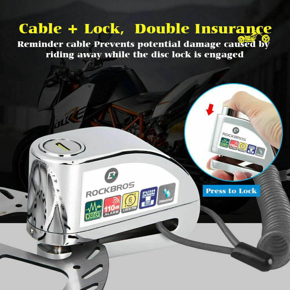 rockbros 110dB disc brake lock with alarm and reminder cable for motorcycle and bike security.