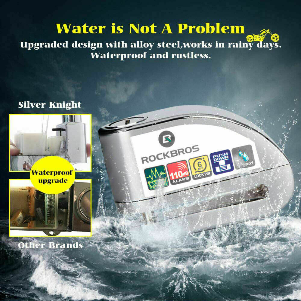 rockbros 110dB disc brake lock with alarm and reminder cable for motorcycle and bike security.