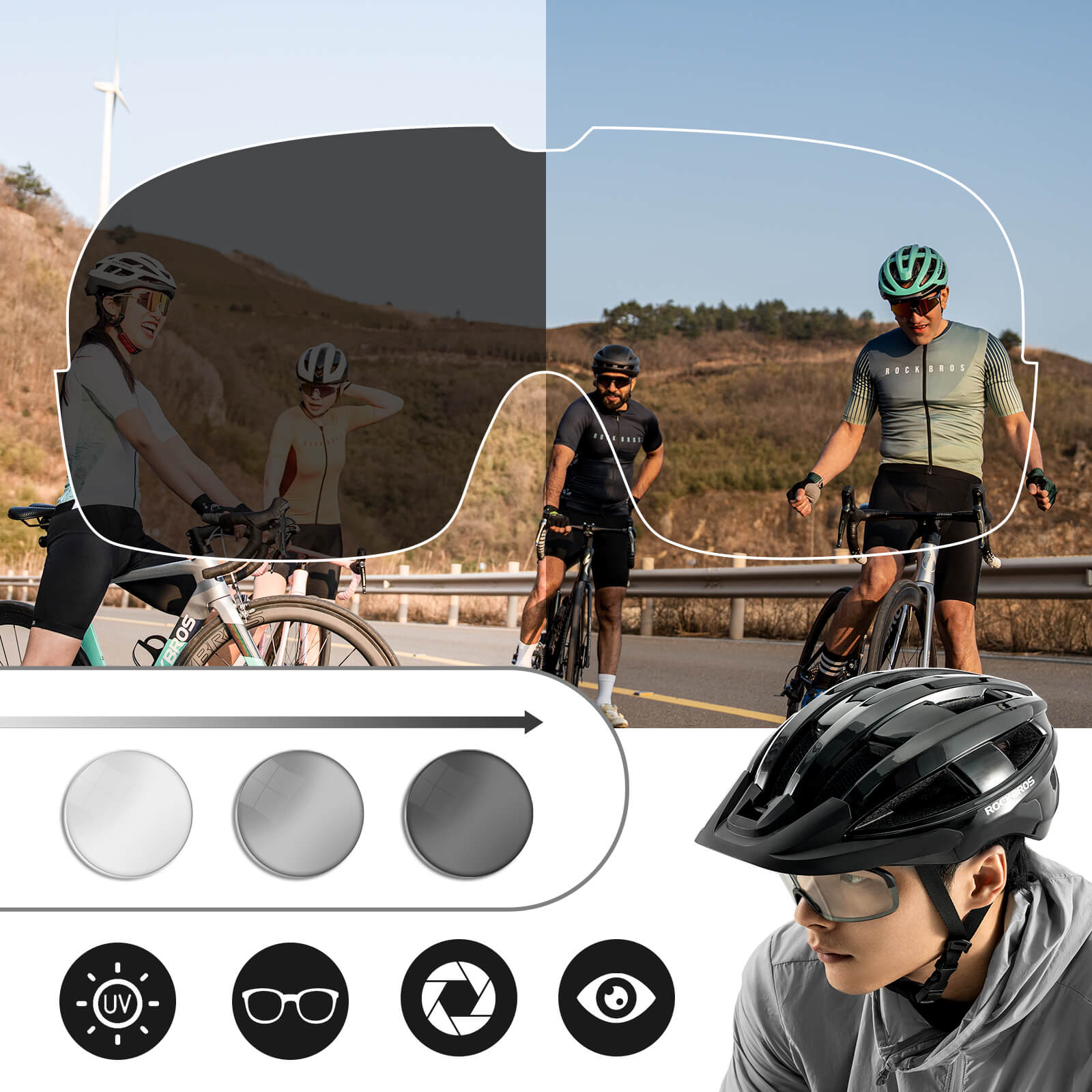 all-groups ROCKBROS Bike Helmet with Photochromic Goggles and Rechargeable Tail Light