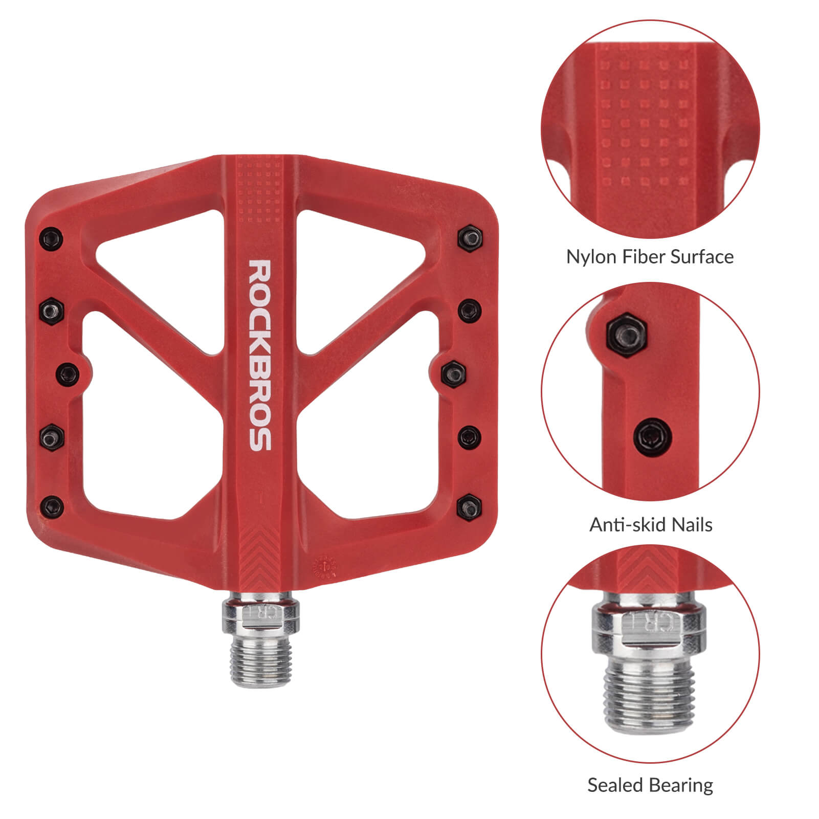 Wide platform composite pedals for comfortable long rides.
#color_red