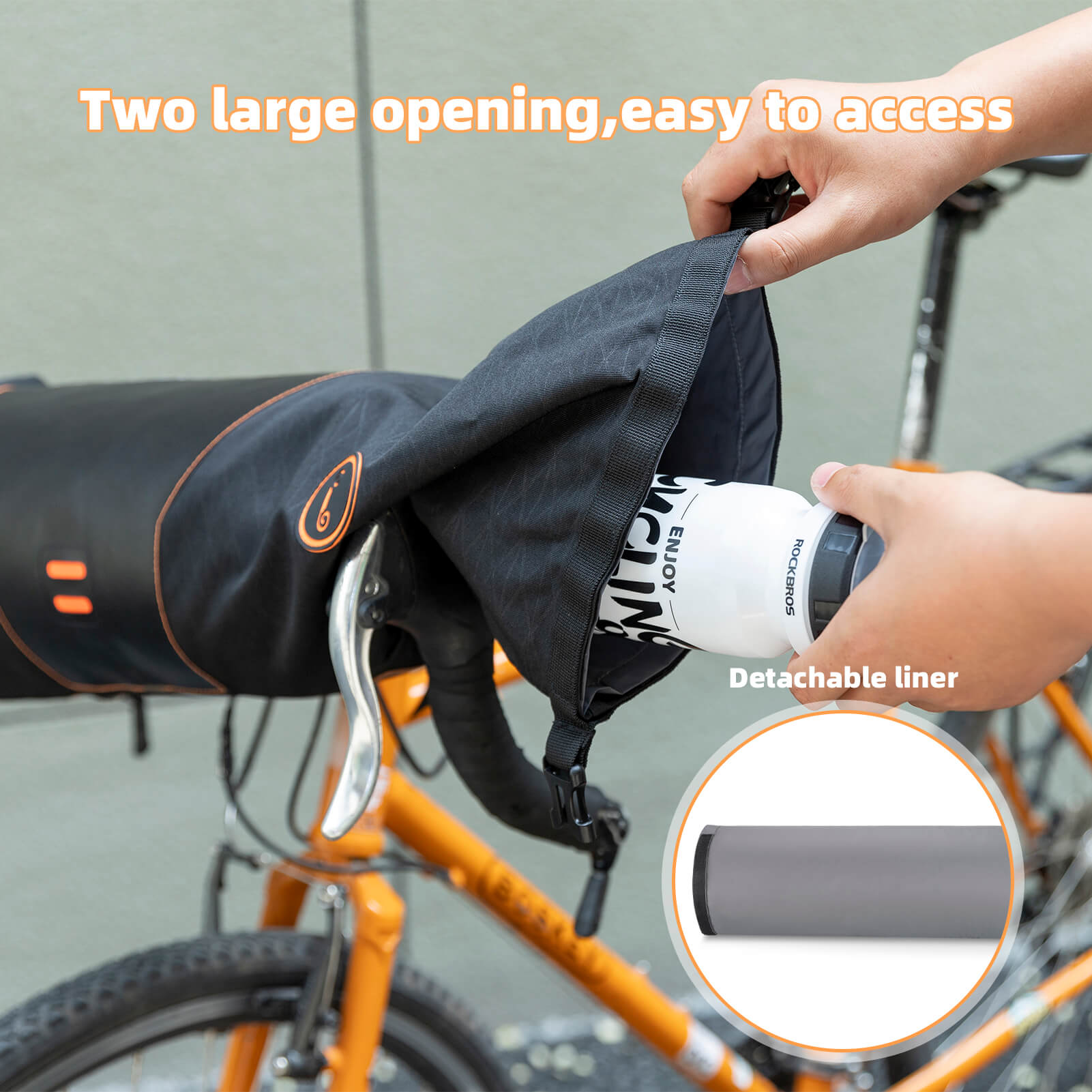 AquaGuard waterproof handlebar bag 2L showing dual side openings