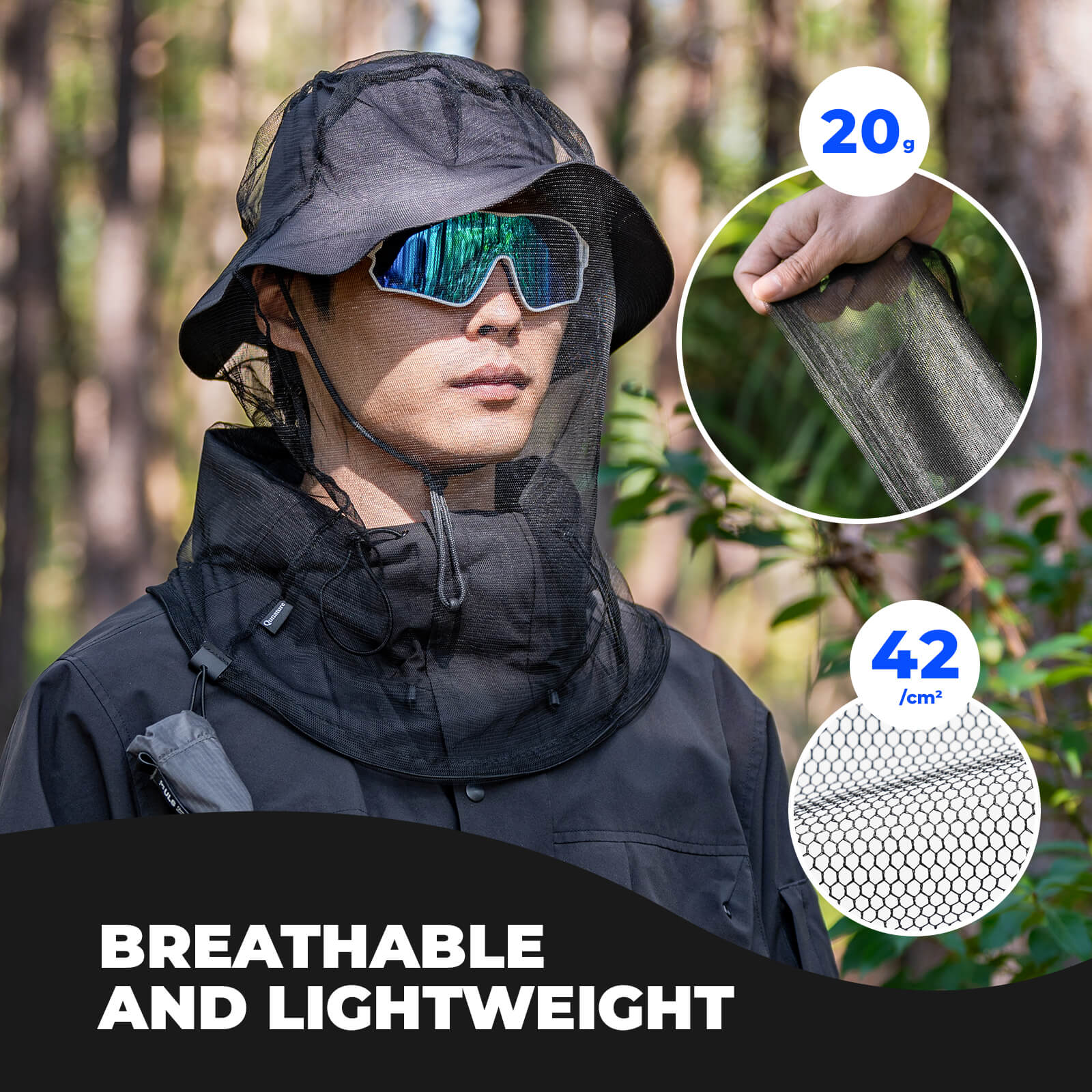 Ultra-fine mosquito head net mesh for face and neck protection, breathable grey bug netting for outdoors.