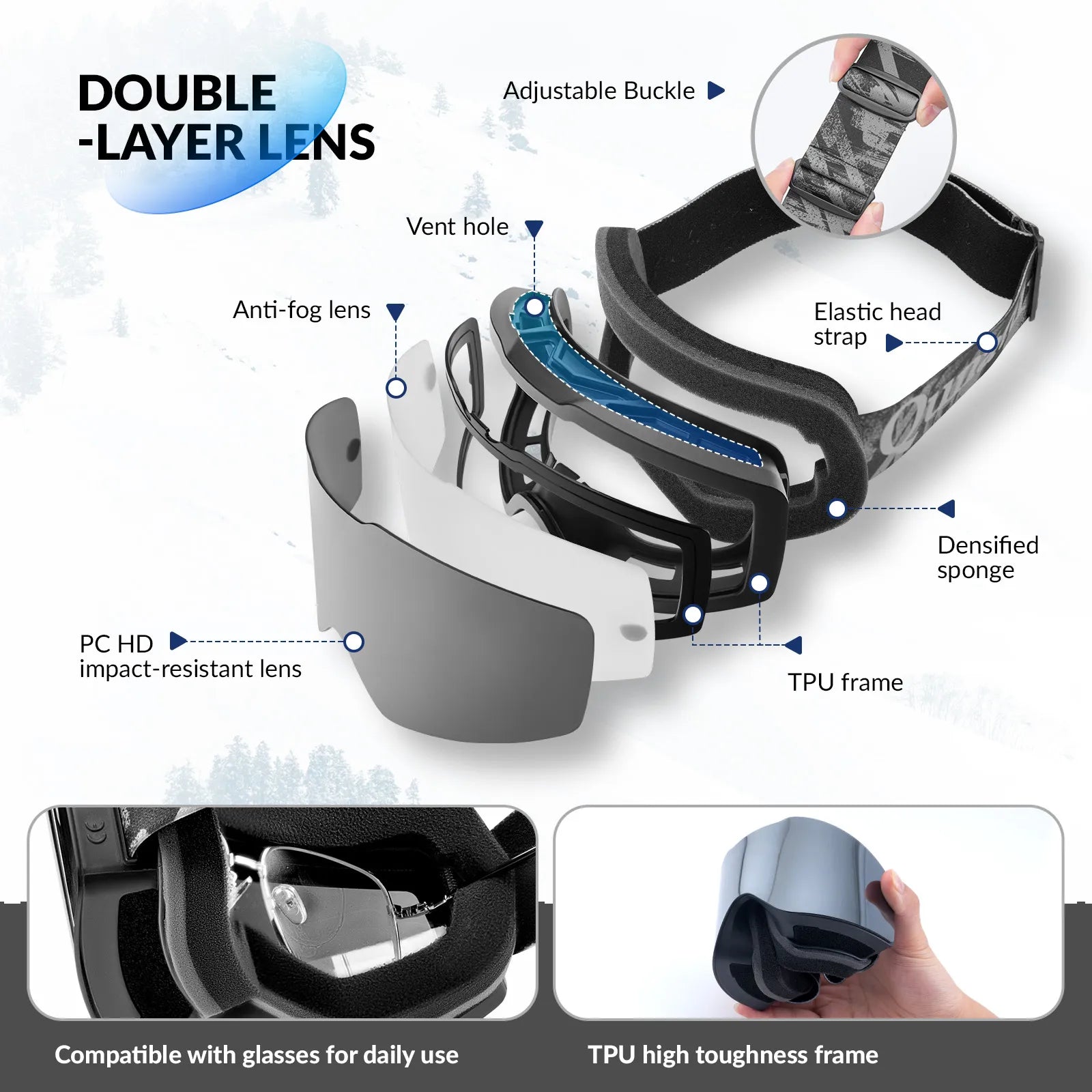 Close-up of Qunature anti-fog wide vision ski goggles lens technology.
#color_black